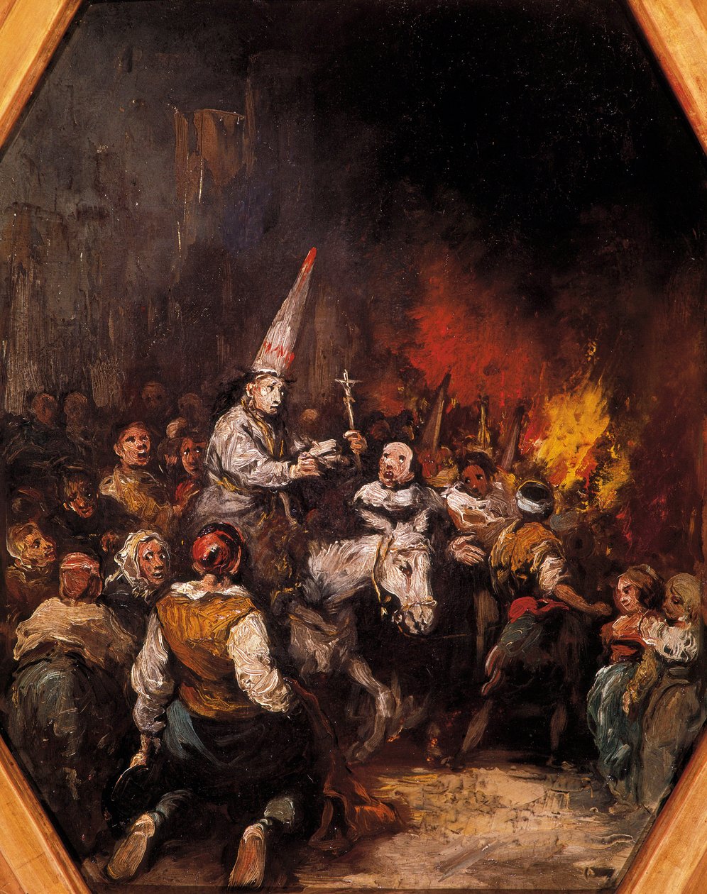Damnes przez Inkwizycję. Potępieni to nakrycia głowy kapirotów, szpiczasty kapelusz w kształcie stożka. Obraz Eugenio LUCAS VELAZQUEZ (1817-1870), około 1862. Muzeum Prado, Madryt autorstwa Eugenio Lucas Velázquez