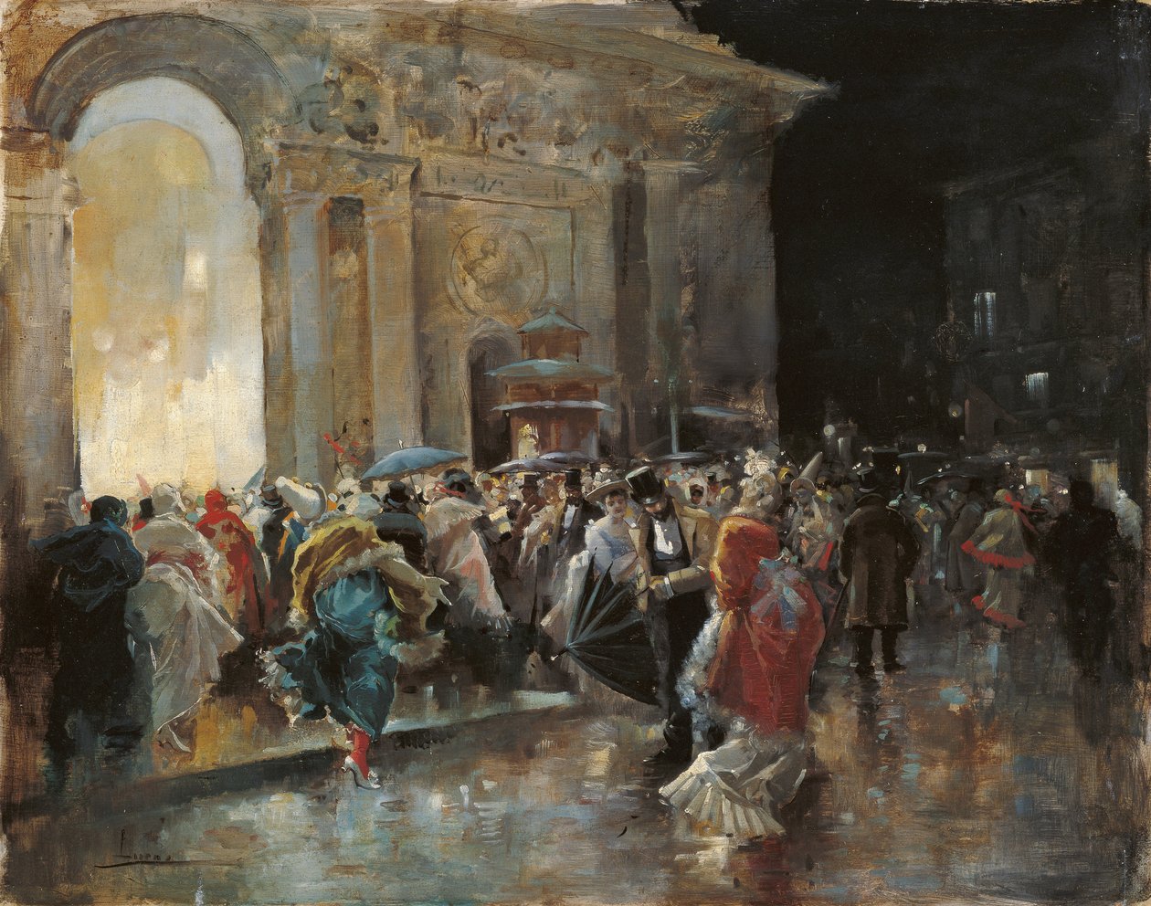 Przybycie do teatru w noc balu maskowego - Lucas Villaamil, Eugenio (1858-1919) - ok. godz. 1895 - Olej na drewnie - 31x40 - Museo Carmen Thyssen, Malaga autorstwa Eugenio Lucas Villaamil