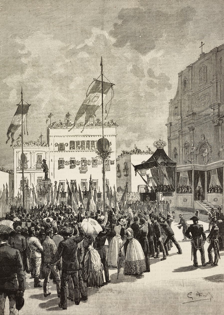 Inauguração do monumento a Victor Emmanuel II (1820-1878), primeiro rei da Itália, na presença de Umberto I (1844-1900), rei da Itália, estátua de Eugenio Maccagnani (1852-1930), Lecce, Itália autorstwa Eugenio Maccagnani