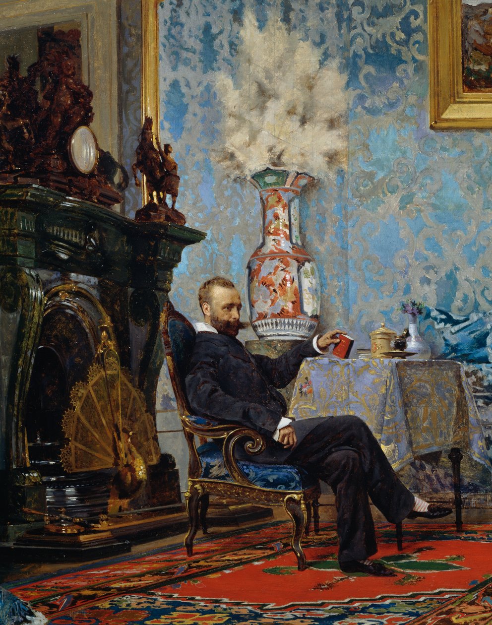 Peter Fabricci siedzący w salonie, detal z rodziny Fabricci, ok. 1880, Eugene Scomparini (1845-1913), olej na płótnie, 68x187 cm, Włochy autorstwa Eugenio Scomparini
