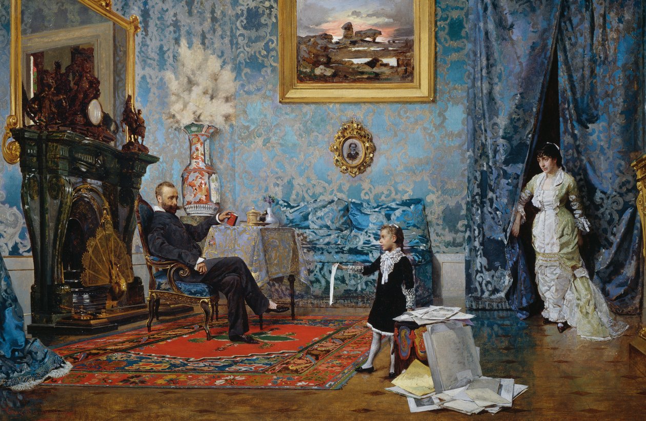 Rodzina Fabricci, ok. 1880, Eugenio Scomparini (1845-1913), olej na płótnie, 68x187 cm, Włochy autorstwa Eugenio Scomparini