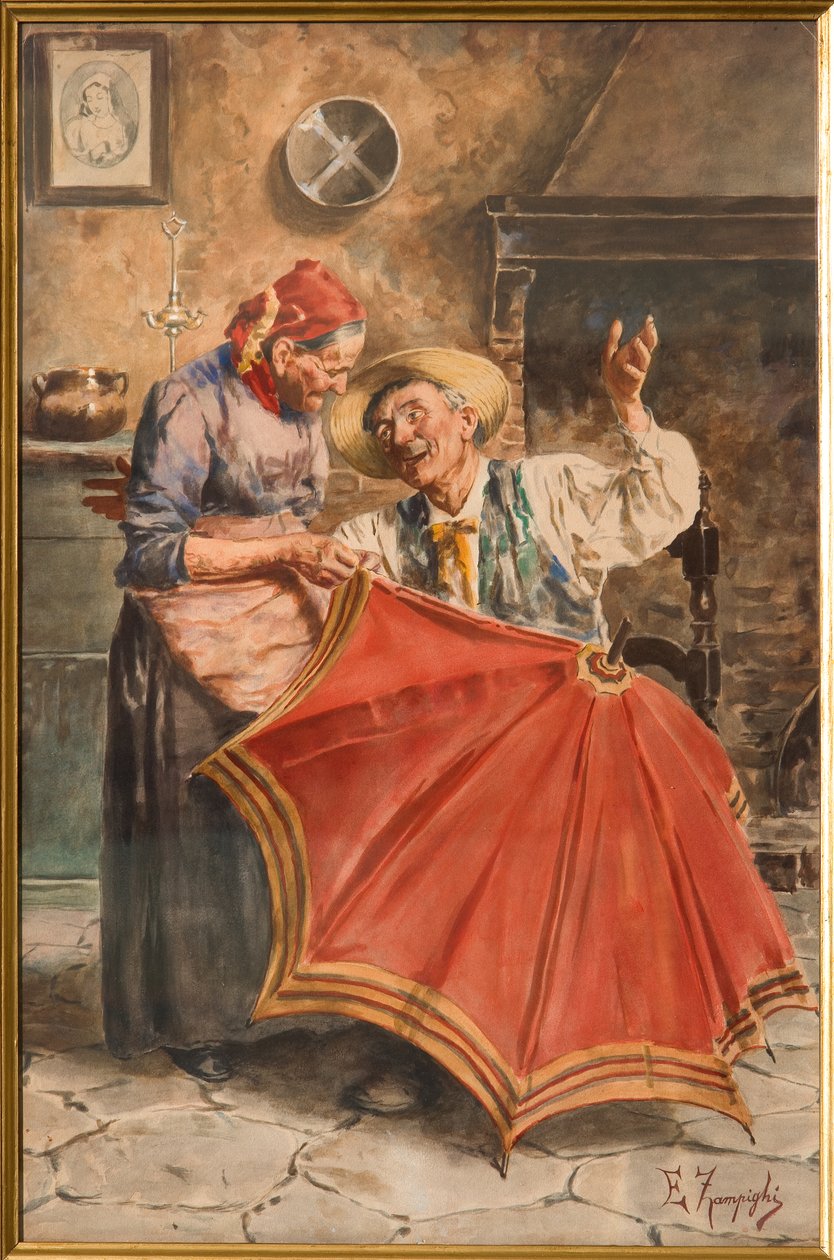 Wnętrze z dwiema osobami (akwarela) autorstwa Eugenio Zampighi
