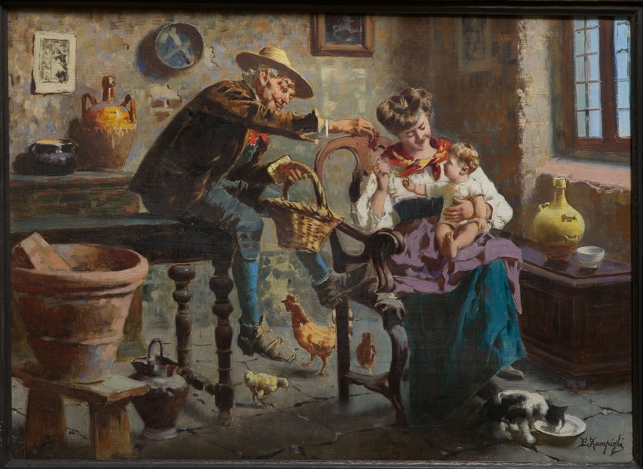 Scena z mężczyzną, kobietą i dziewczynką (olej na płótnie) autorstwa Eugenio Zampighi