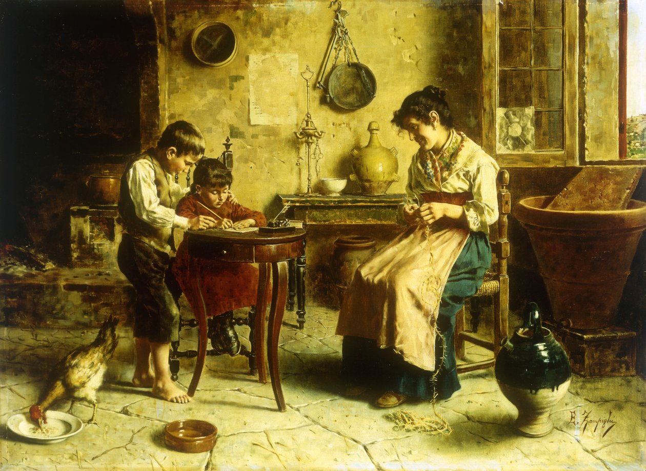 Lekcja pisania (olej na płótnie) autorstwa Eugenio Zampighi