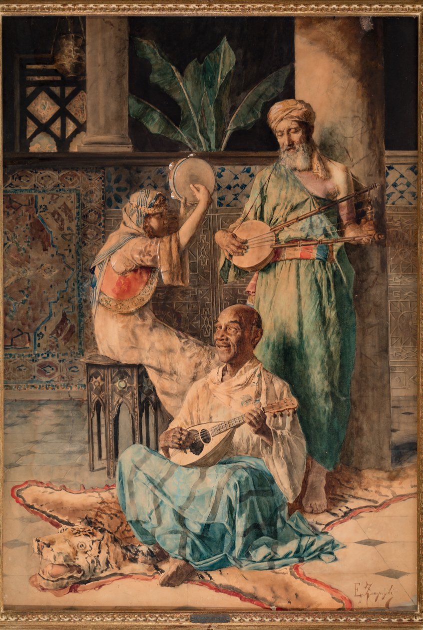 Trzech muzyków orientalnych (tempera na papierze) autorstwa Eugenio Zampighi