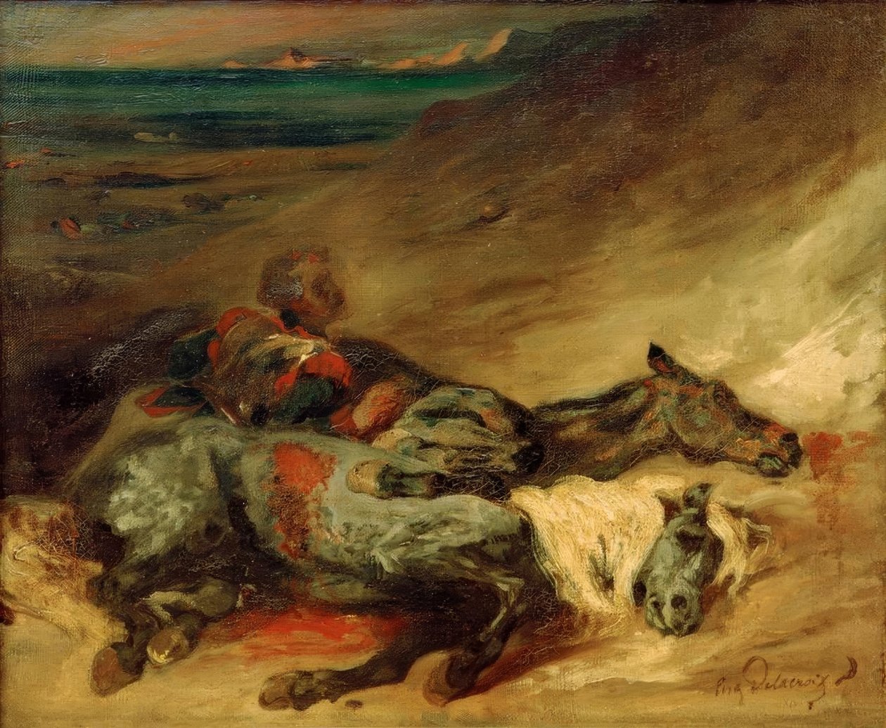 Dwa konie martwe na polu bitwy autorstwa Ferdinand Victor Eugene Delacroix