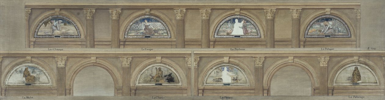 Szkic jadalni Hôtel de Ville w Paryżu: Pola. Sad. Parter. Ogród warzywny. Wędkarstwo. Polowanie. Gospodarstwo. Pastwisko, około 1891 (tusz, olej na ołówku, papier na płótnie) autorstwa Eugène Martial Simas