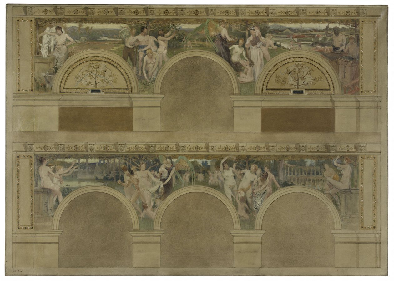 Szkic jednego z salonów wstępnych Hôtel de Ville de Paris: Le Travail. Les Réjouissances. La Charité, 1892 (czarny tusz, olej na płótnie) autorstwa Eugène Martial Simas