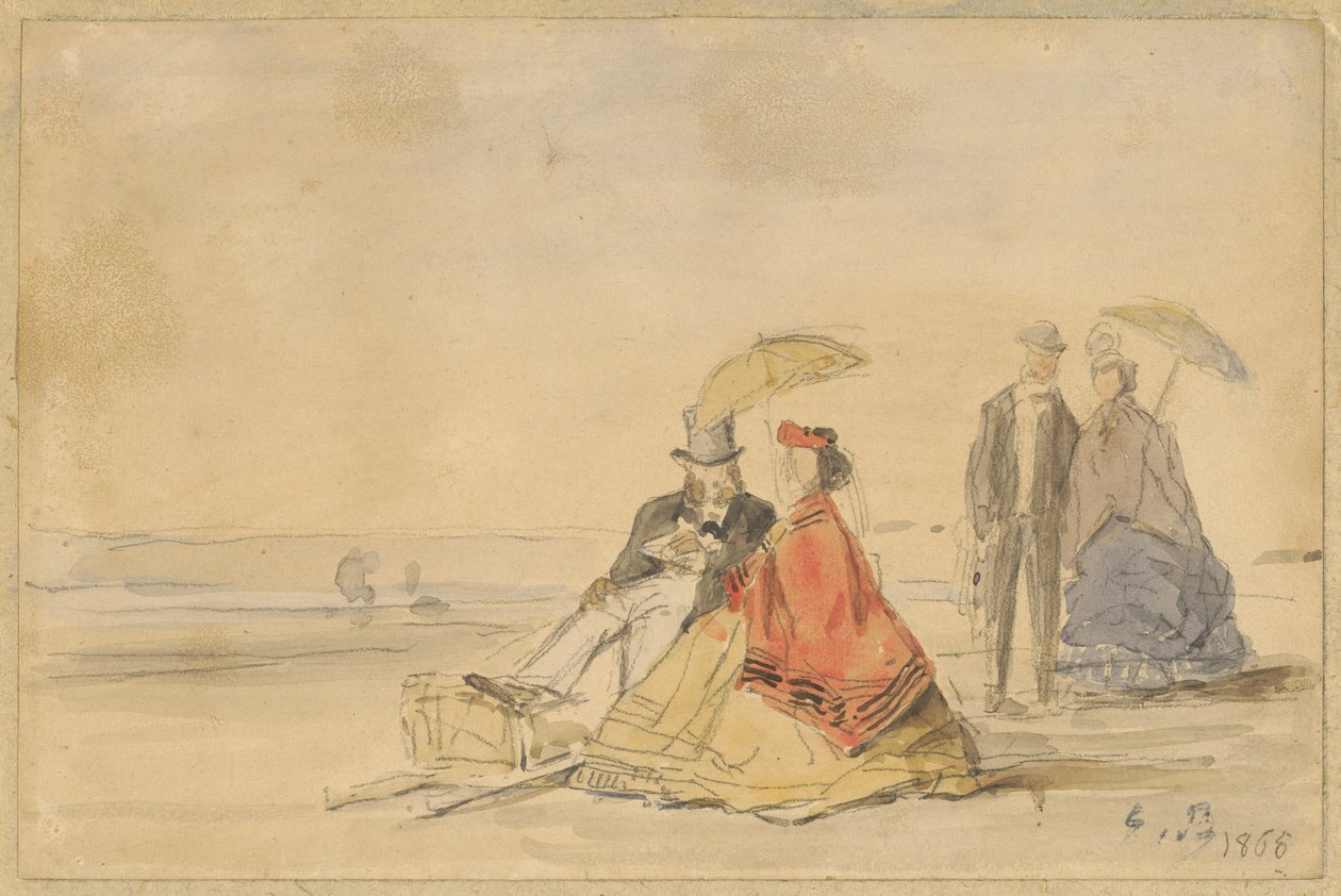 Para siedząca i para spacerująca po plaży autorstwa Eugène Boudin