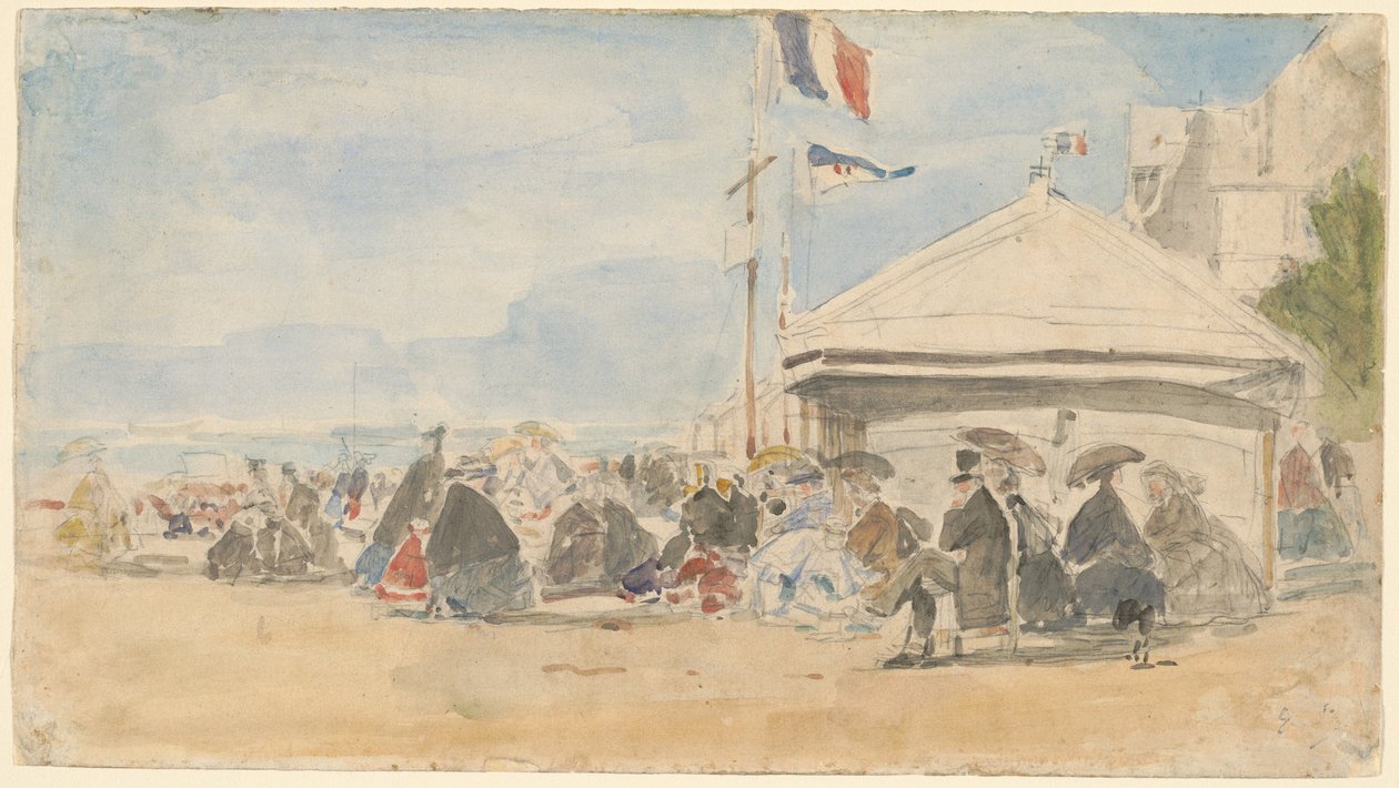 Dom na plaży z flagami w Trouville autorstwa Eugène Boudin