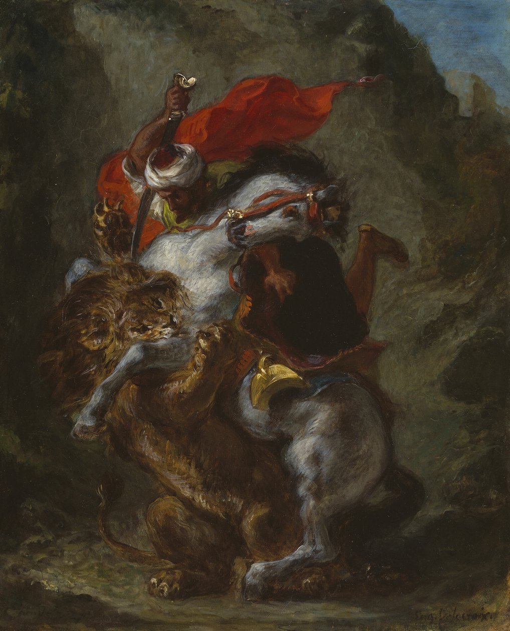 Arabski jeździec zaatakowany przez lwa autorstwa Eugène Delacroix