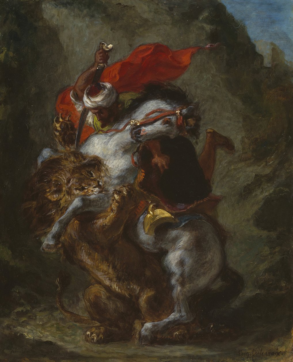 Arabski jeździec zaatakowany przez lwa, 184950. autorstwa Eugène Delacroix