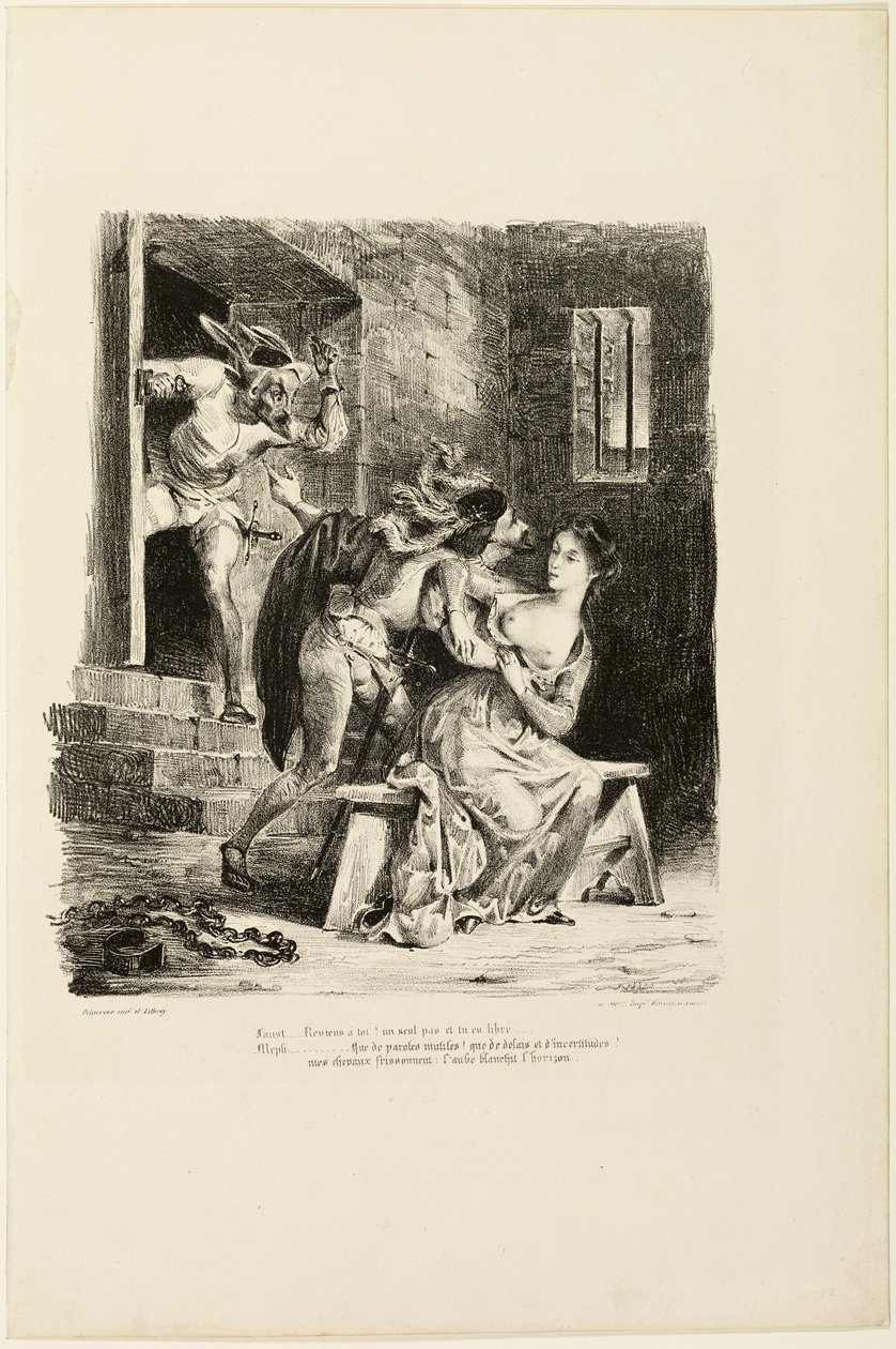 Faust w celi więziennej Marguerite, z filmu Faust autorstwa Eugène Delacroix