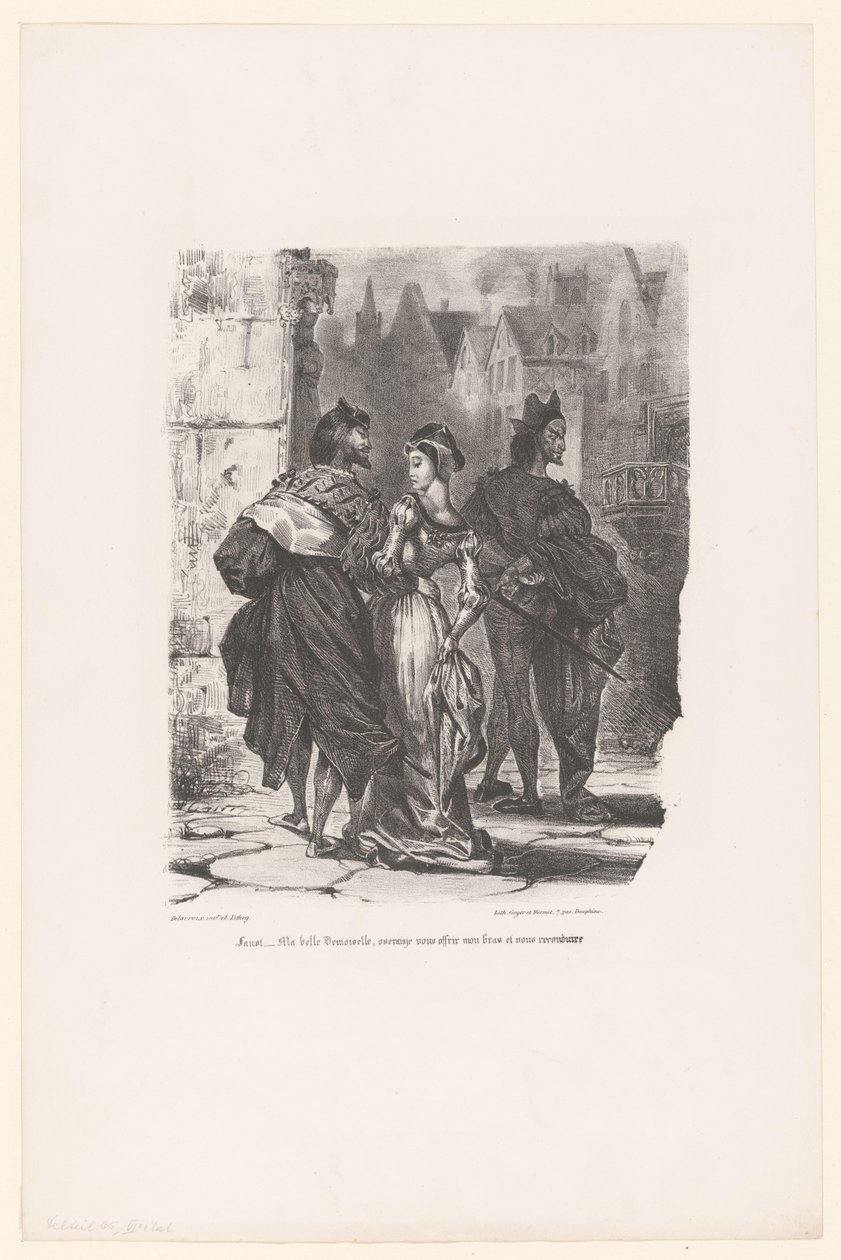 Faust probeert Grietje te verleiden Faust: Moja piękna młoda damo, czy odważyłbym się podać ci ramię i odwieźć do domu? (tytuł na obiekcie) Faust (tytuł serii) Faust, tragedia p. de Goethego (tytuł serialu) autorstwa Eugène Delacroix