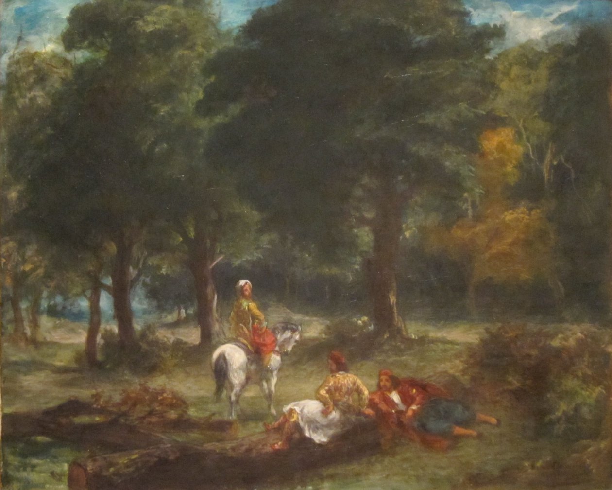 Greccy grotołazi odpoczywający w lesie autorstwa Eugène Delacroix