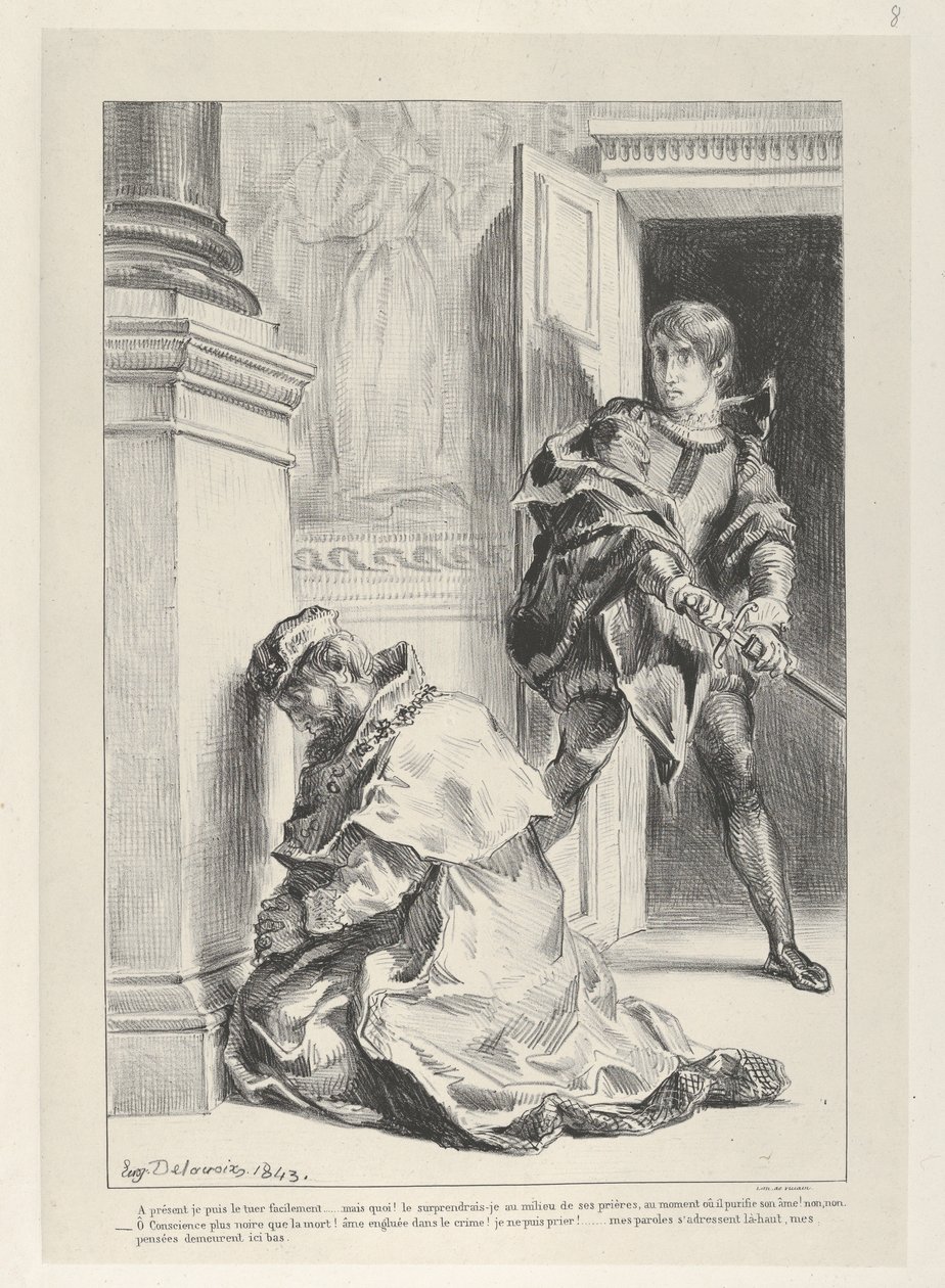 Hamlet próbuje zabić króla, 1834-43., 1834-43. autorstwa Eugène Delacroix