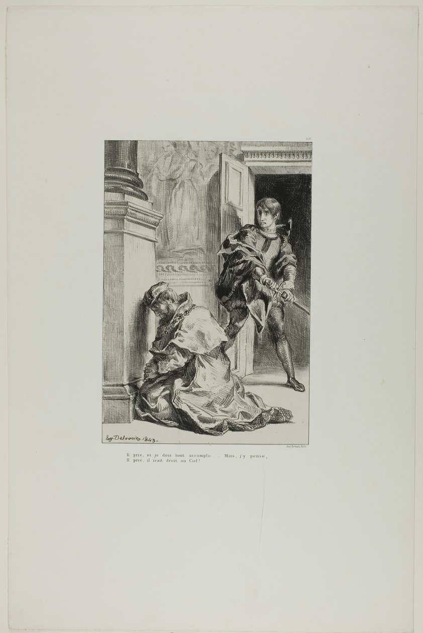 Hamlet próbuje zabić króla, plansza 8 z Hamleta autorstwa Eugène Delacroix