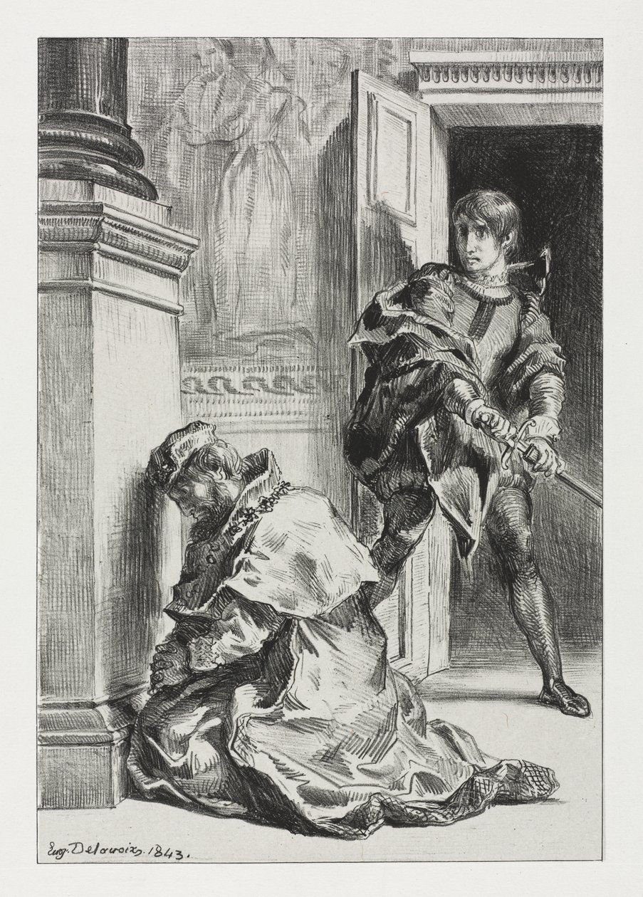 Hamlet: Hamlet próbuje zabić króla autorstwa Eugène Delacroix