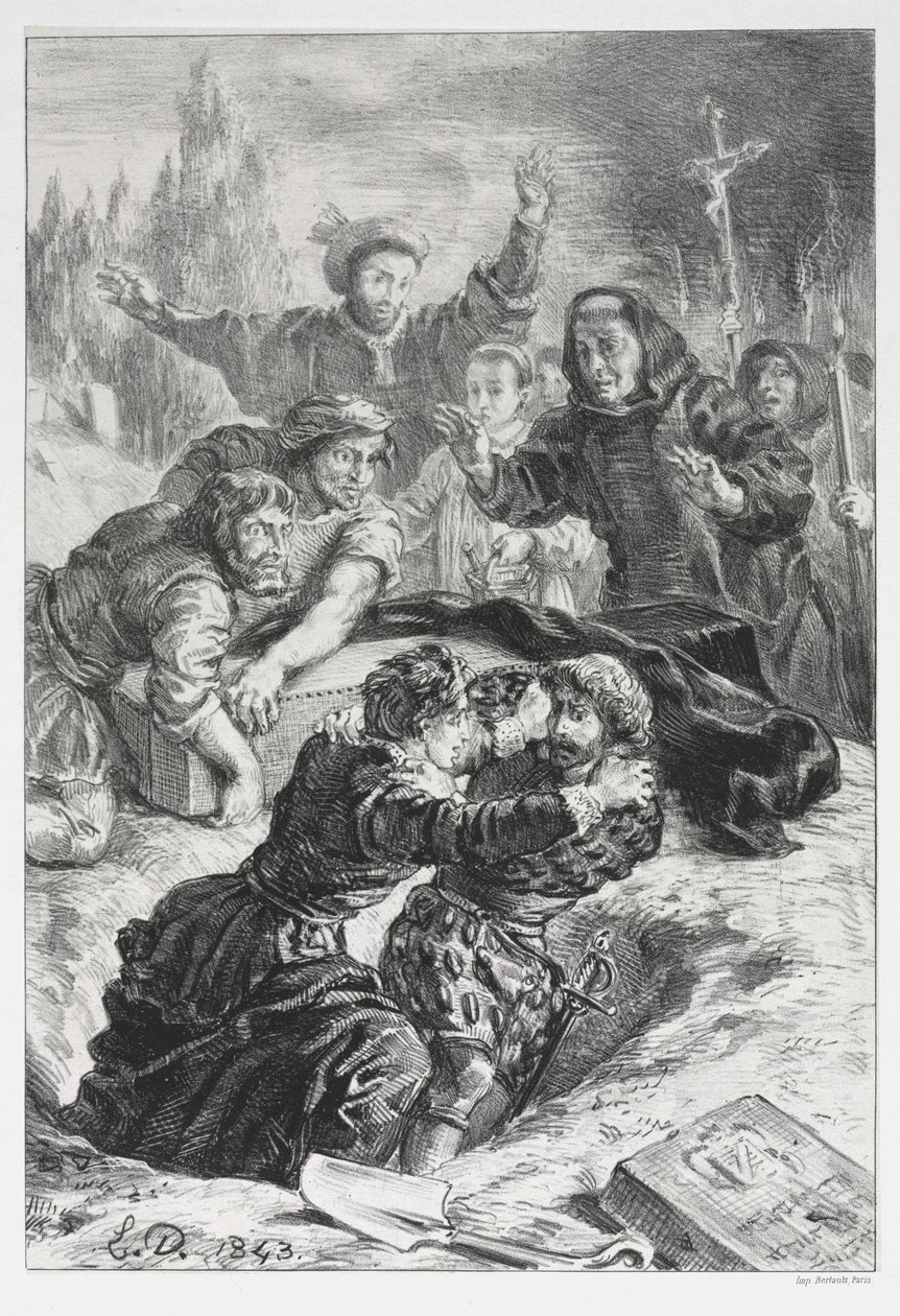 Hamlet: Hamlet i Laertes w grobie Ofelii autorstwa Eugène Delacroix