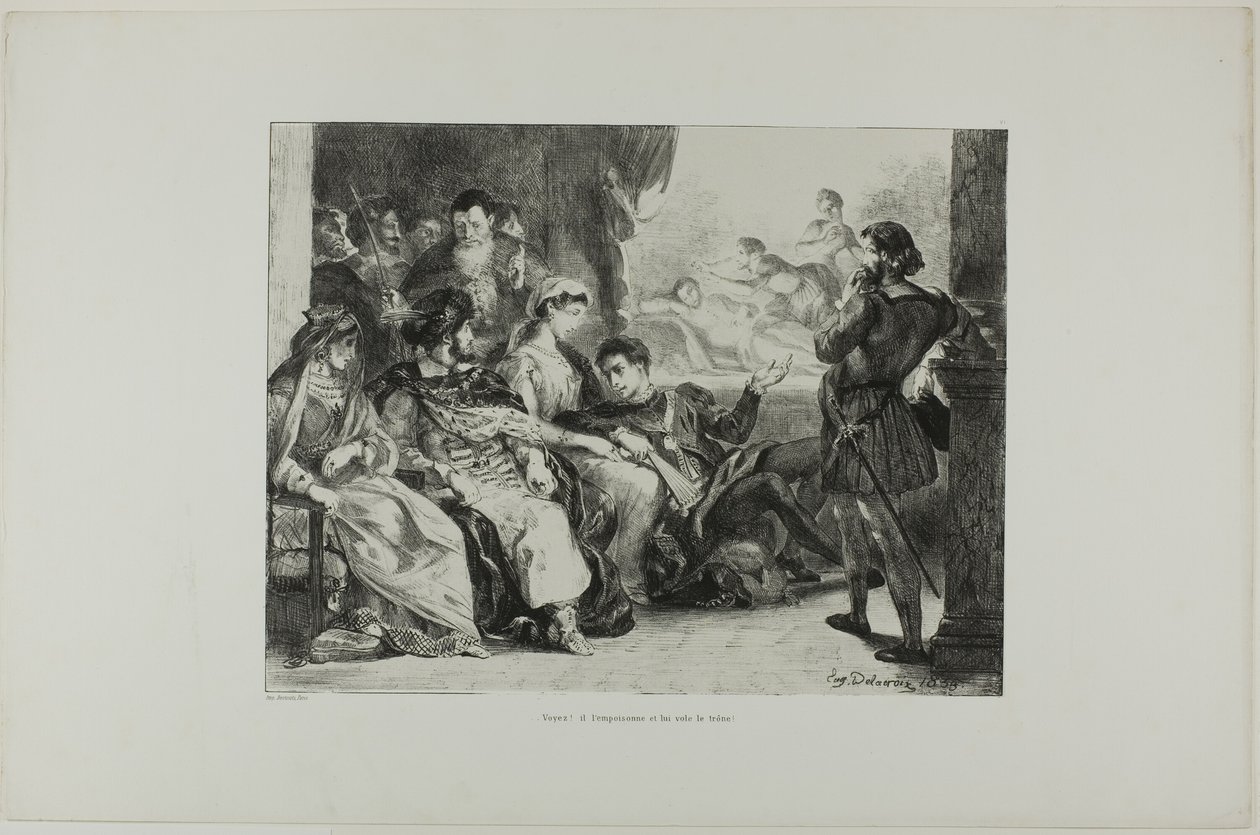 Hamlet sprawia, że gracze odgrywają zatrucie jego ojca, plansza 7 z Hamleta autorstwa Eugène Delacroix