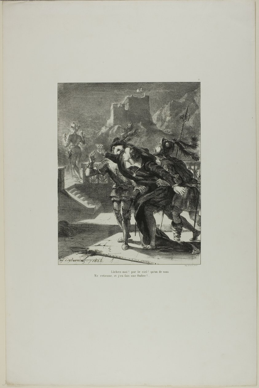 Hamlet ścigający ducha ojca, plansza 2 z Hamleta autorstwa Eugène Delacroix
