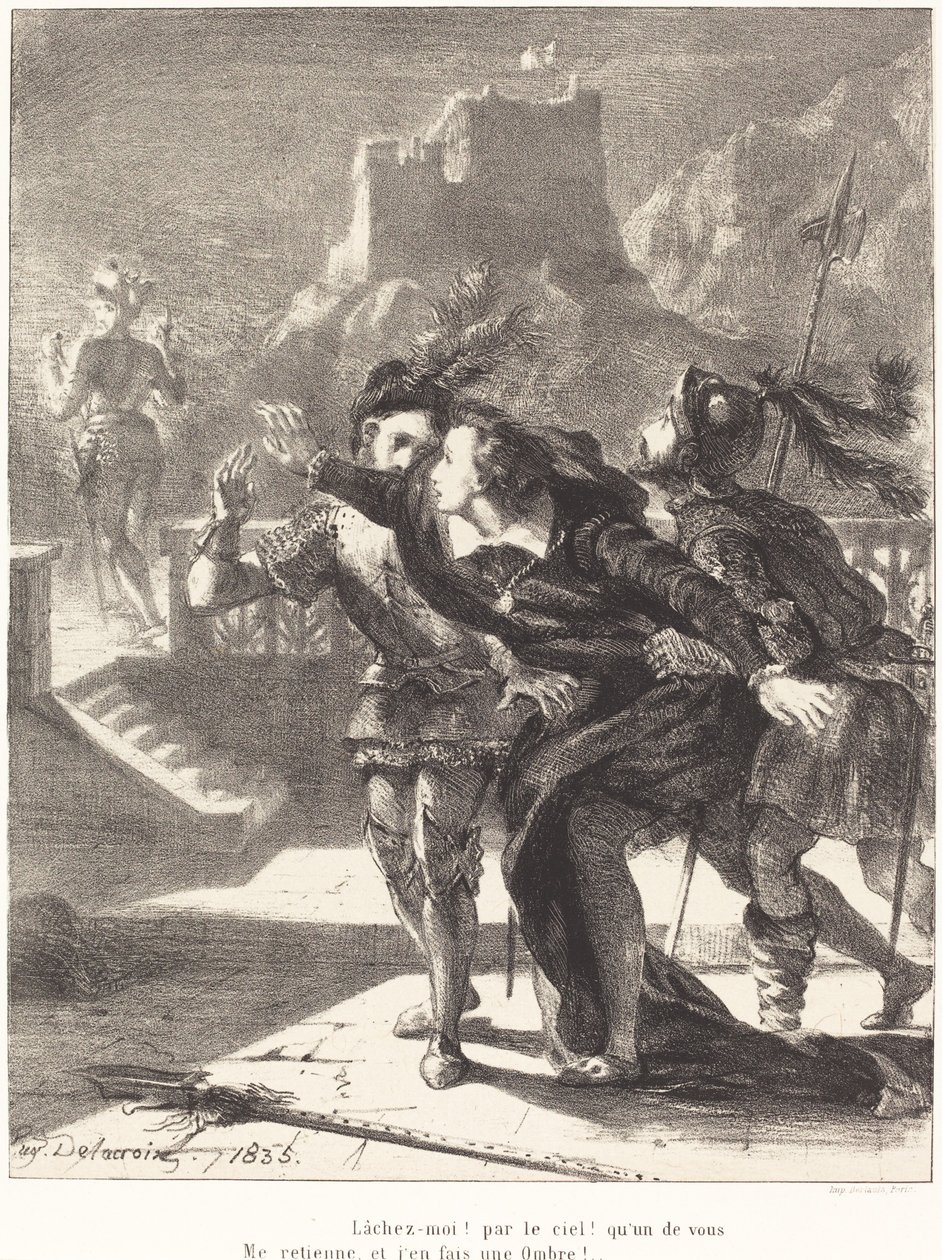 Hamlet pragnie podążać za duchem swego Ojca (Akt I, scena IV) autorstwa Eugène Delacroix
