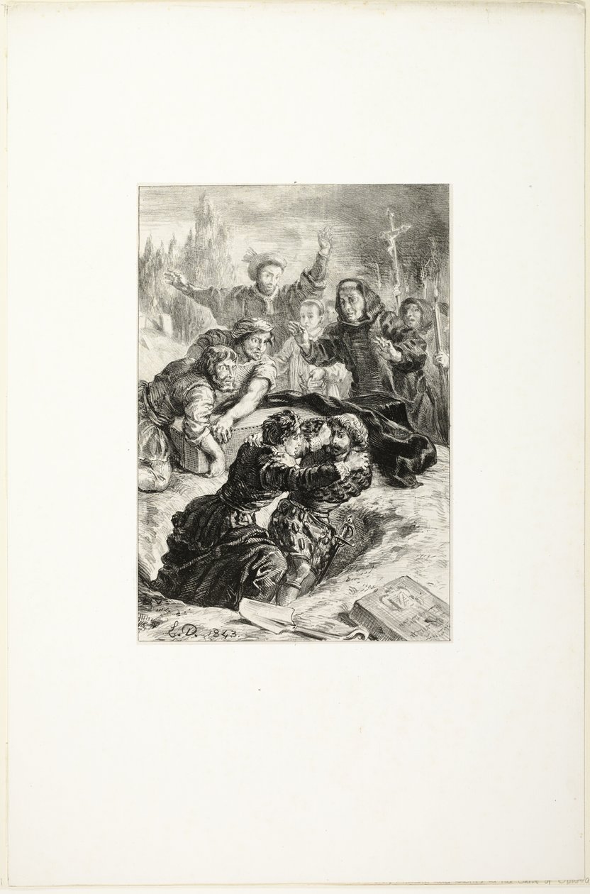 Hamlet i Laertes w grobie Ofelii autorstwa Eugène Delacroix