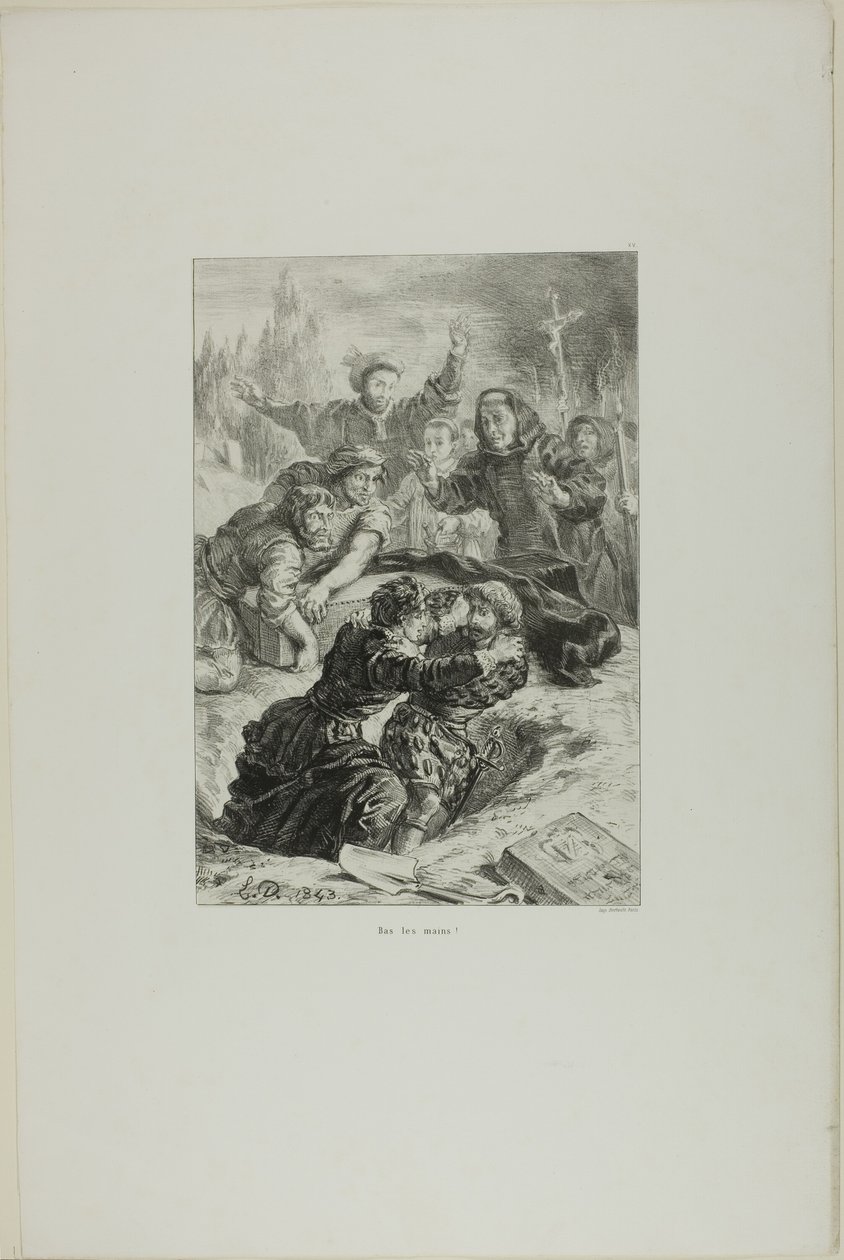 Hamlet i Laertes w grobie Ofelii, plansza 15 z Hamleta autorstwa Eugène Delacroix