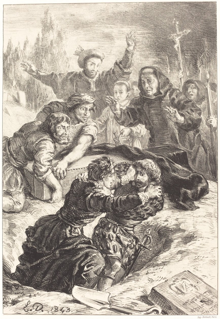 Hamlet i Laertes w grobie Ofelii Akt V, scena I, 1843. autorstwa Eugène Delacroix