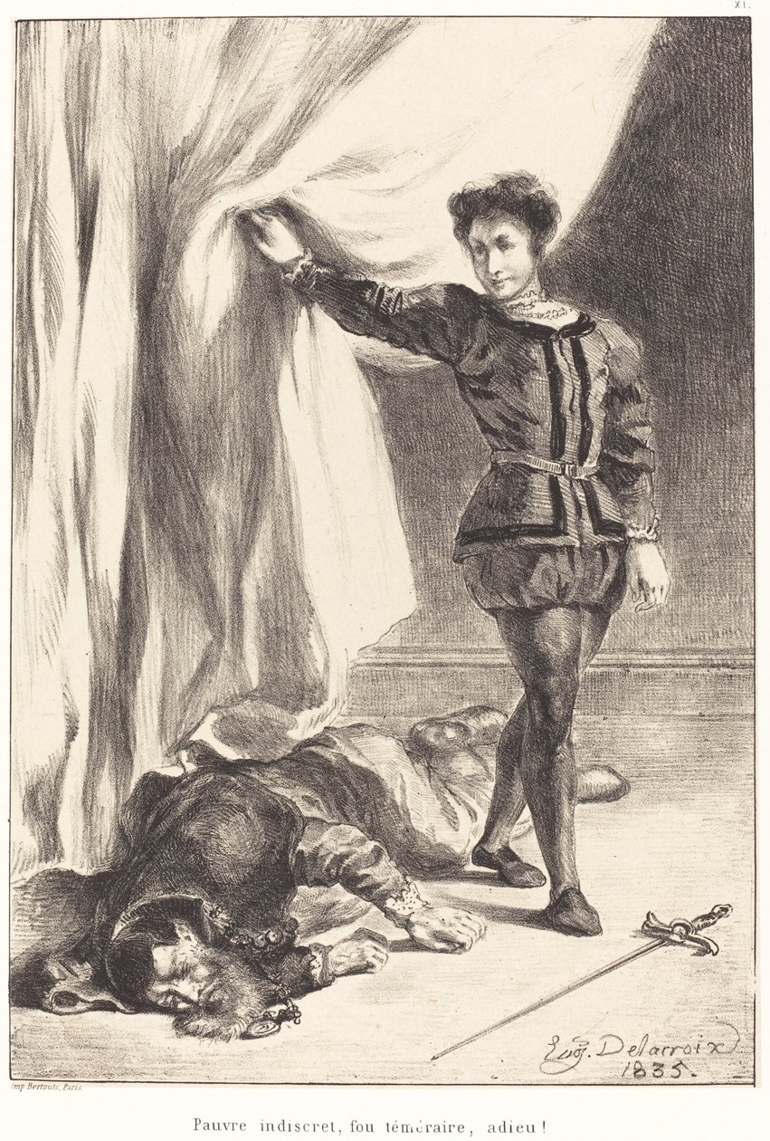 Hamlet i ciało Poloniusza (akt III, scena IV) autorstwa Eugène Delacroix