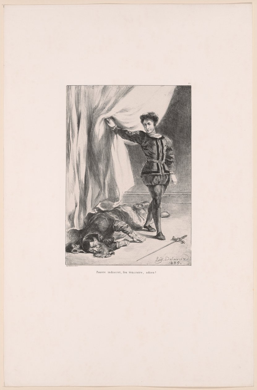 Hamlet i ciało Poloniusza, plansza 11 z Hamleta autorstwa Eugène Delacroix