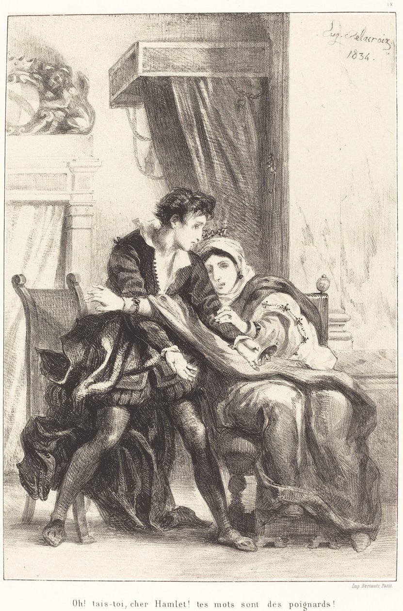 Hamlet i królowa (Akt III, scena IV) autorstwa Eugène Delacroix