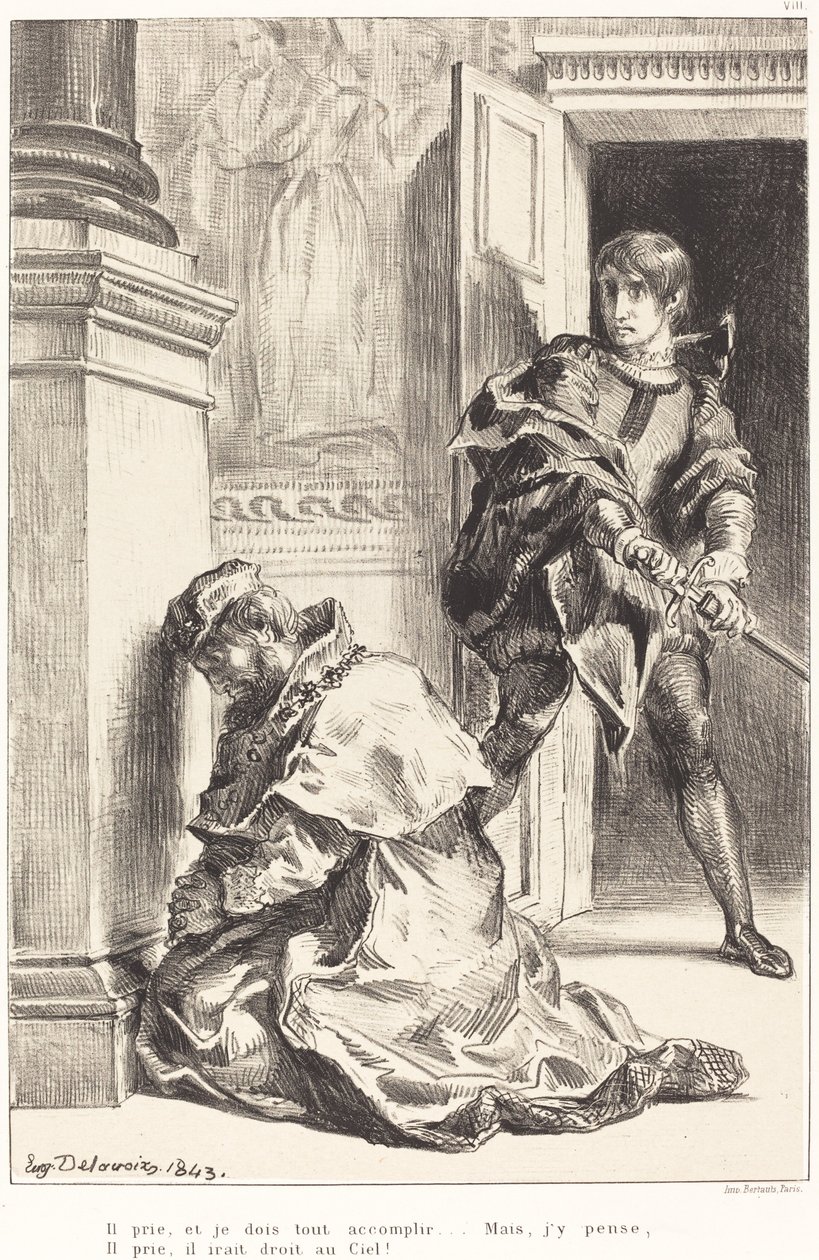 Hamlet jest kuszony, by zabić króla (Akt III, scena III) autorstwa Eugène Delacroix