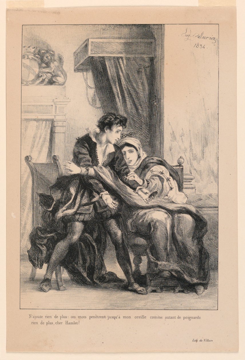 Ilustracja do Hamleta: Hamlet i królowa (III,4) autorstwa Eugène Delacroix