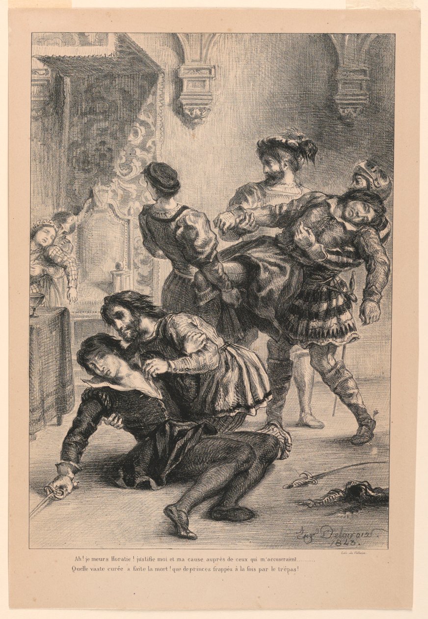 Ilustracja do Hamleta: Śmierć Hamleta (V,2) autorstwa Eugène Delacroix