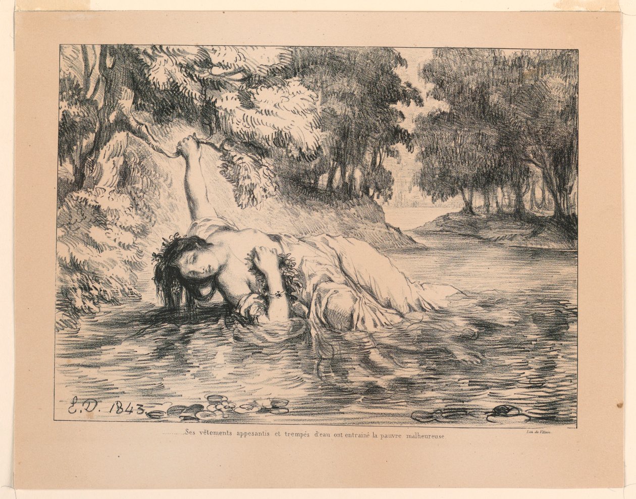Ilustracja do Hamleta: Śmierć Ofelii (IV, 7) autorstwa Eugène Delacroix