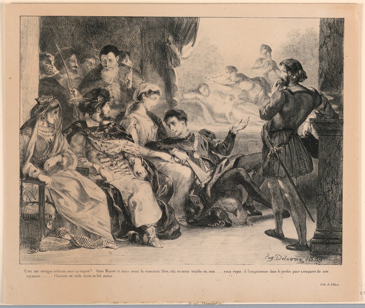 Ilustracja do Hamleta: Gracze przedstawiają śmierć ojca Hamleta (III,2) autorstwa Eugène Delacroix