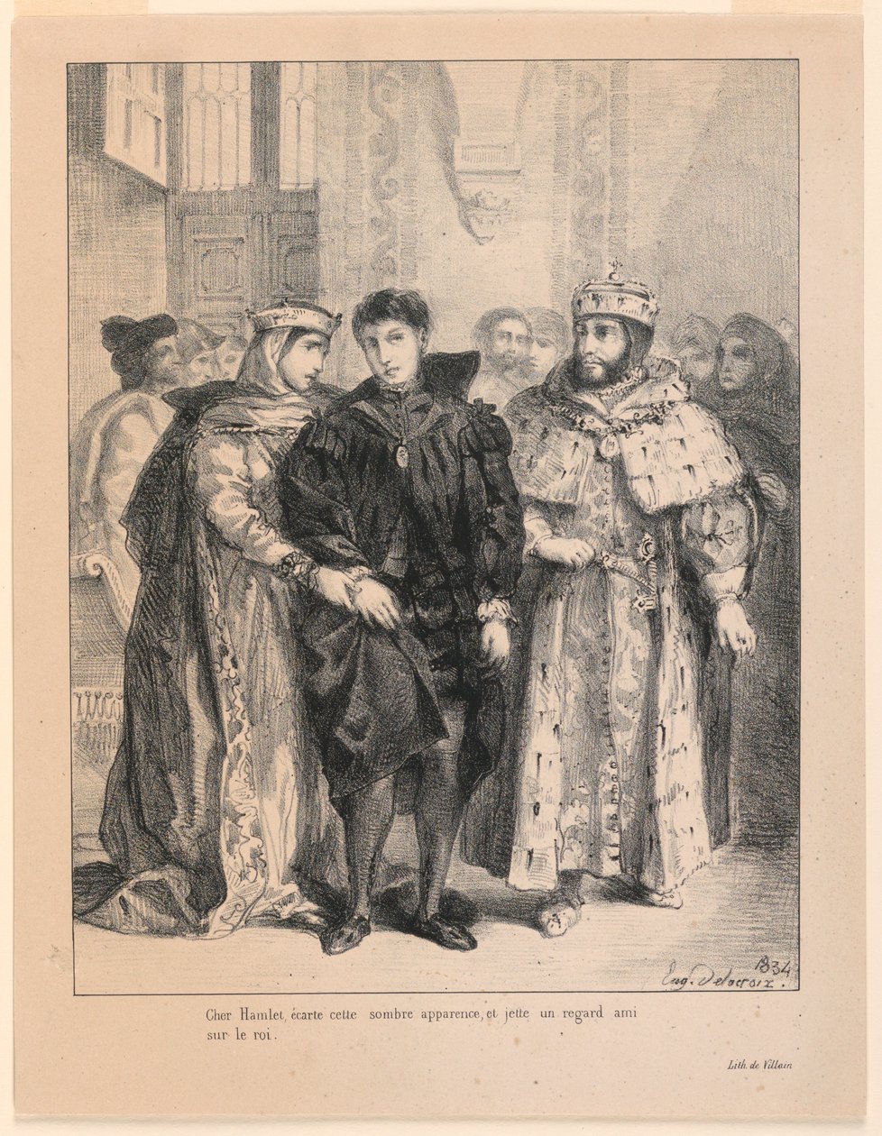 Ilustracja do Hamleta. Królowa próbuje pocieszyć Hamleta (I,2) autorstwa Eugène Delacroix