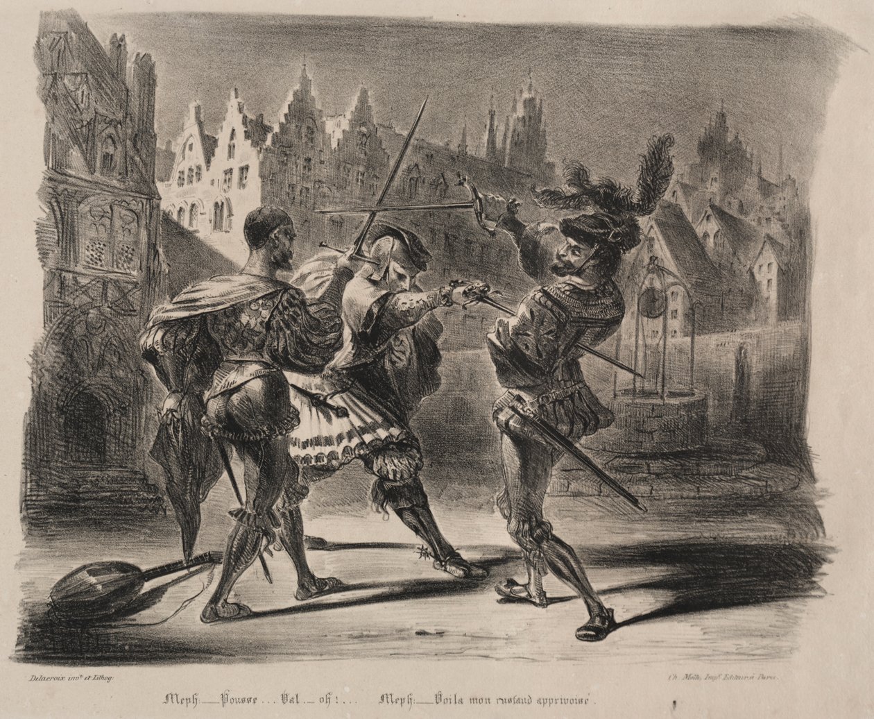 Ilustracje do Fausta: pojedynek Fausta i Valentina autorstwa Eugène Delacroix