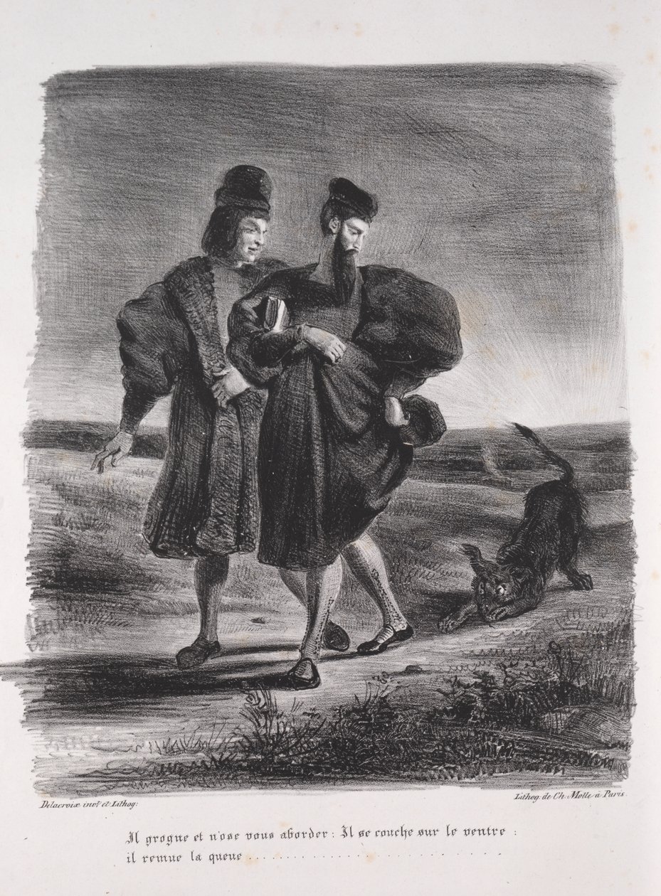 Ilustracje do Fausta: Faust, Mefistofeles i Barbet autorstwa Eugène Delacroix