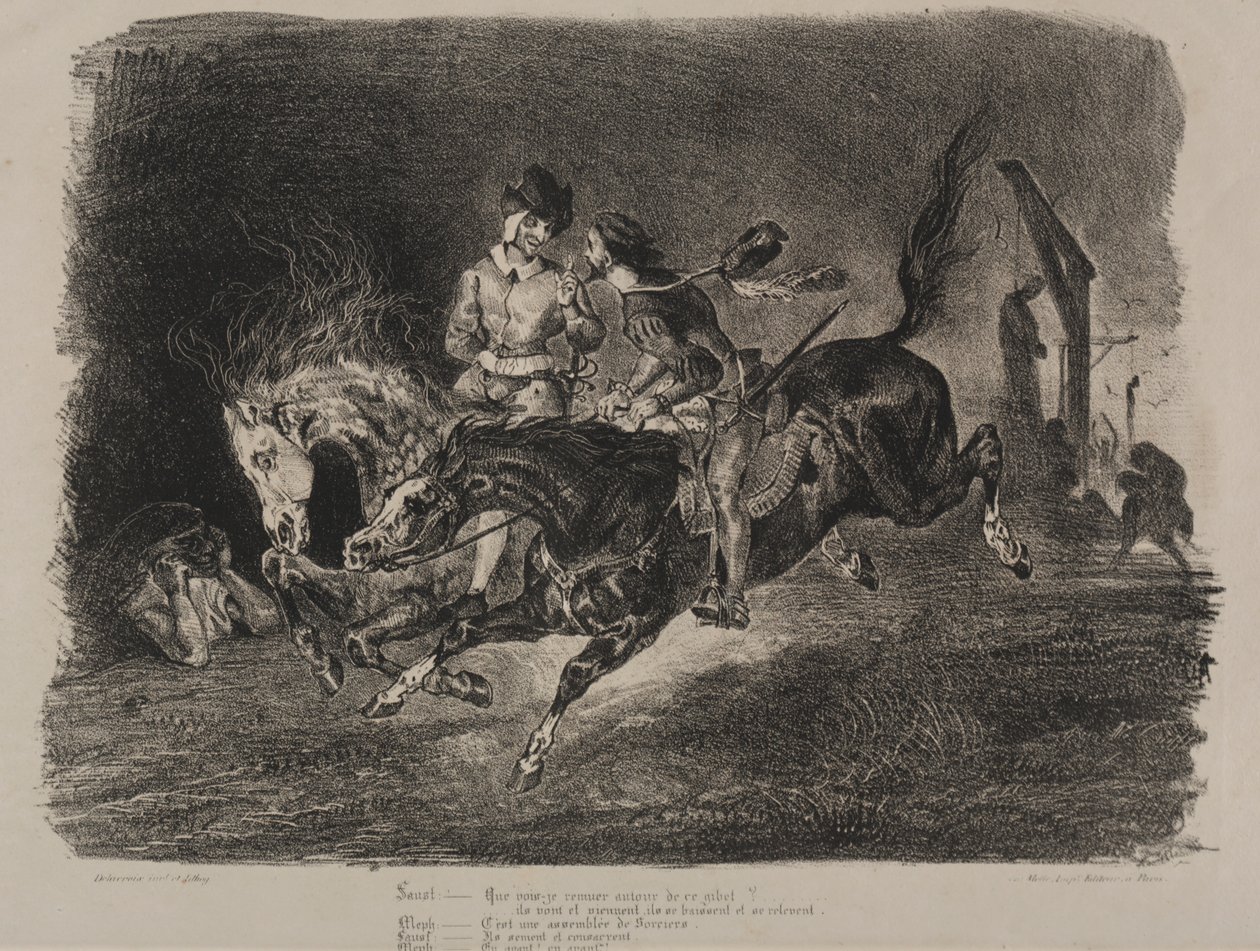 Ilustracje do Fausta: jazda konna Fausta i Mefistofelesa w szabat autorstwa Eugène Delacroix