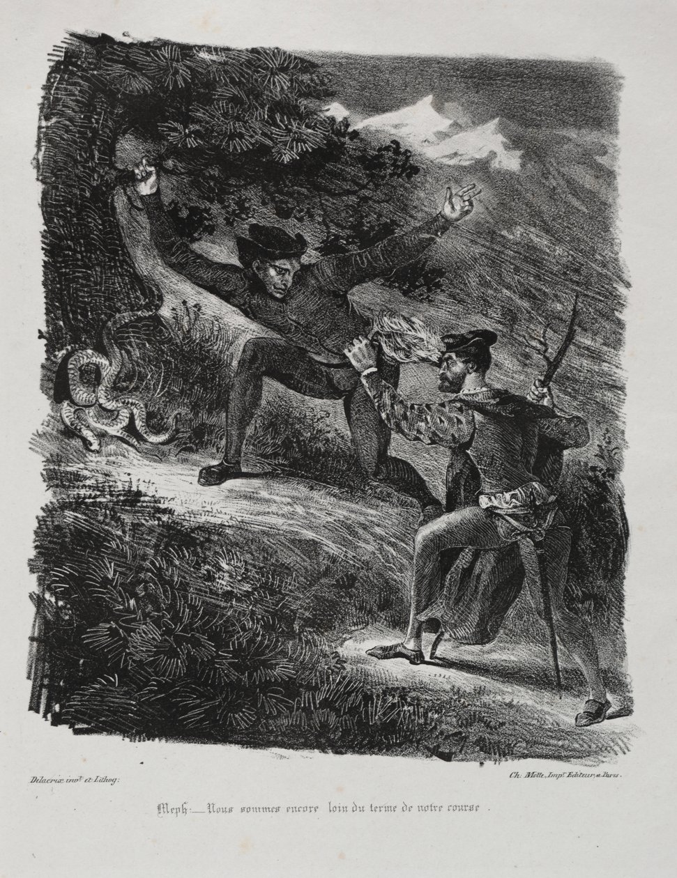 Ilustracje do Fausta: Faust i Mefistofeles w górach Hartz autorstwa Eugène Delacroix