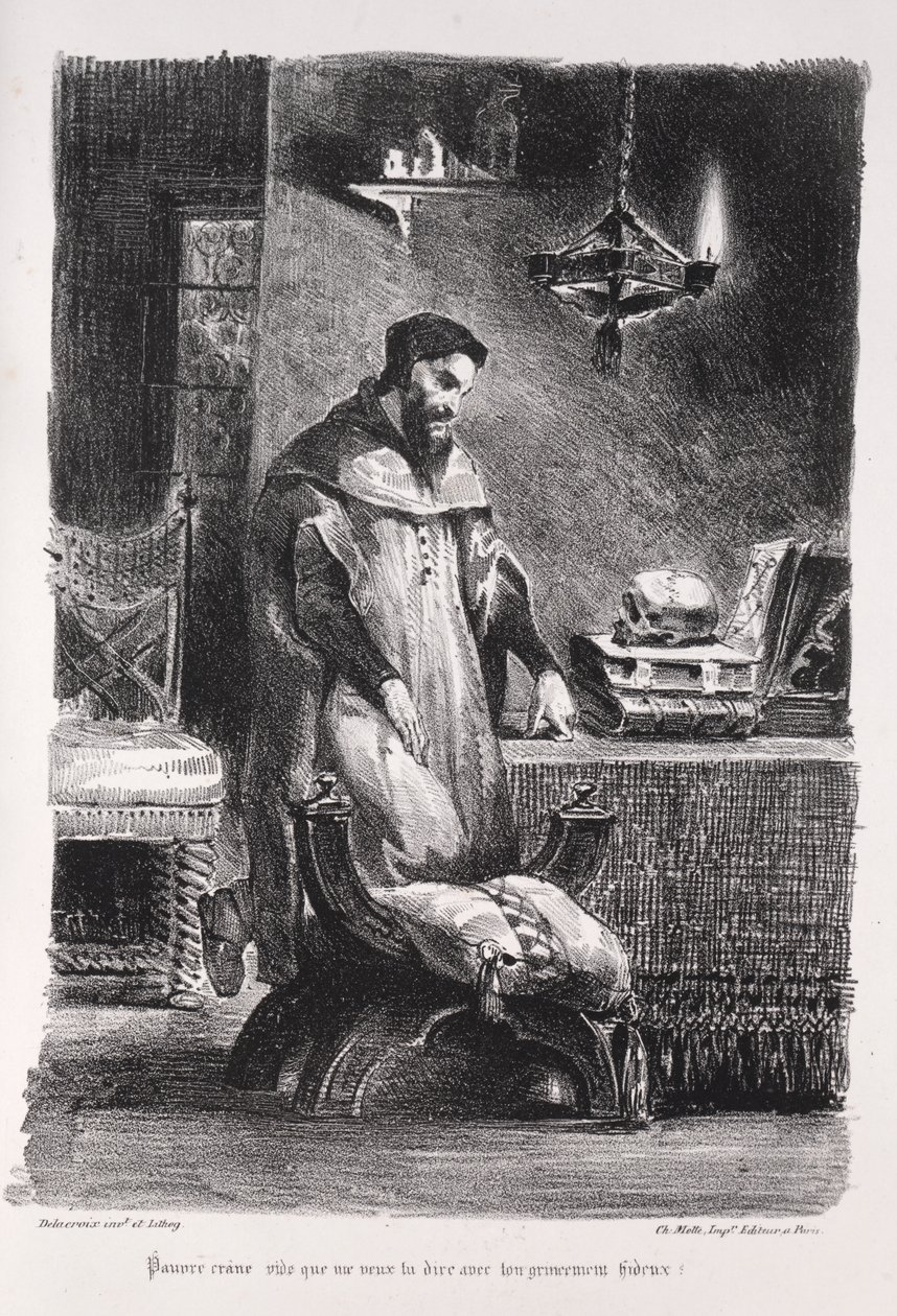 Ilustracje do Fausta: Faust w swojej garderobie autorstwa Eugène Delacroix
