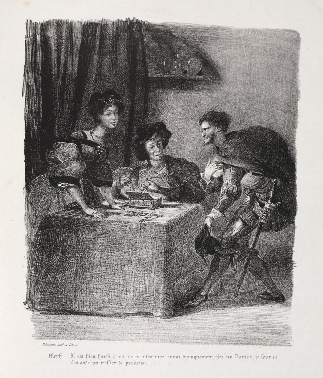 Ilustracje do Fausta: Mefistofeles jest w Marthe autorstwa Eugène Delacroix
