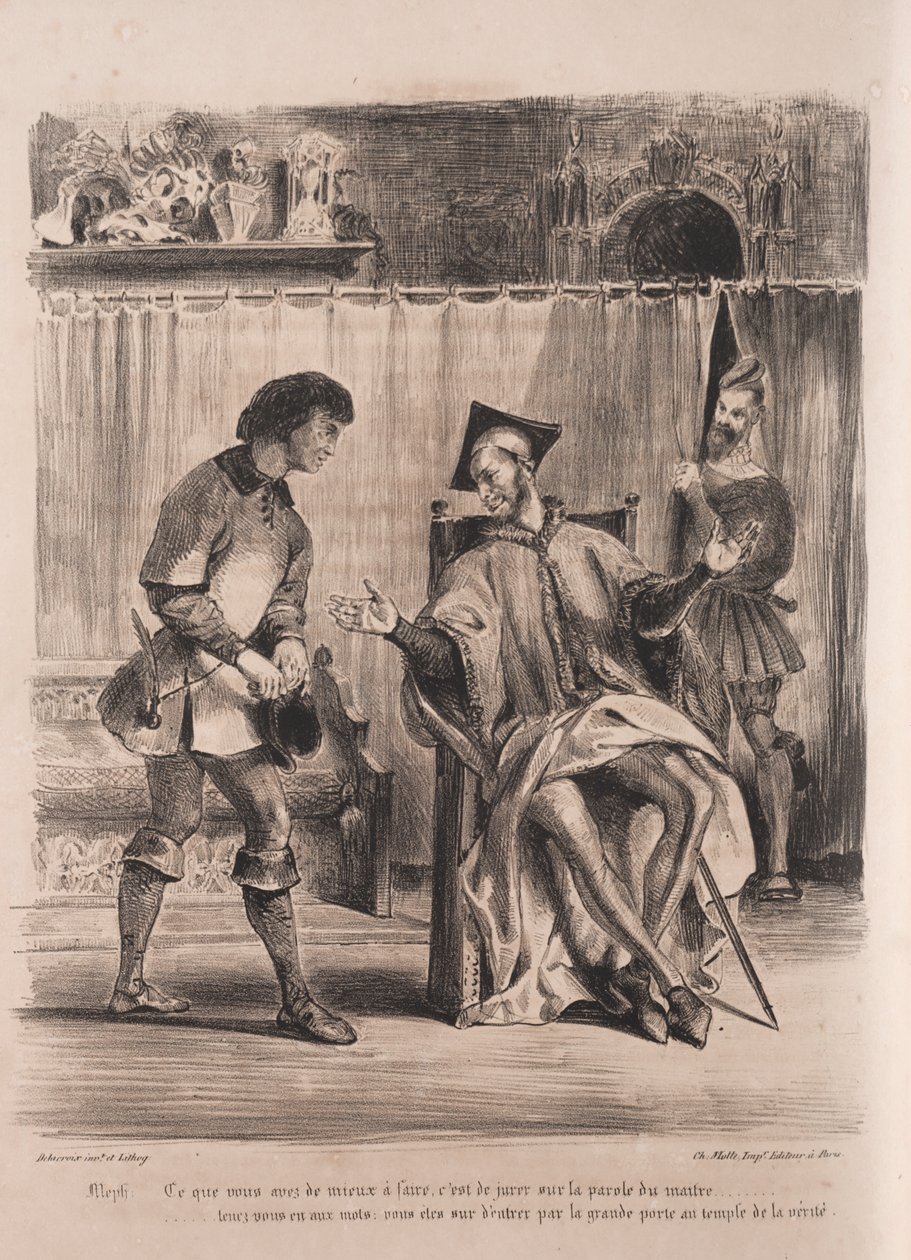 Ilustracje do Fausta: Mefistofele przyjmuje ucznia autorstwa Eugène Delacroix