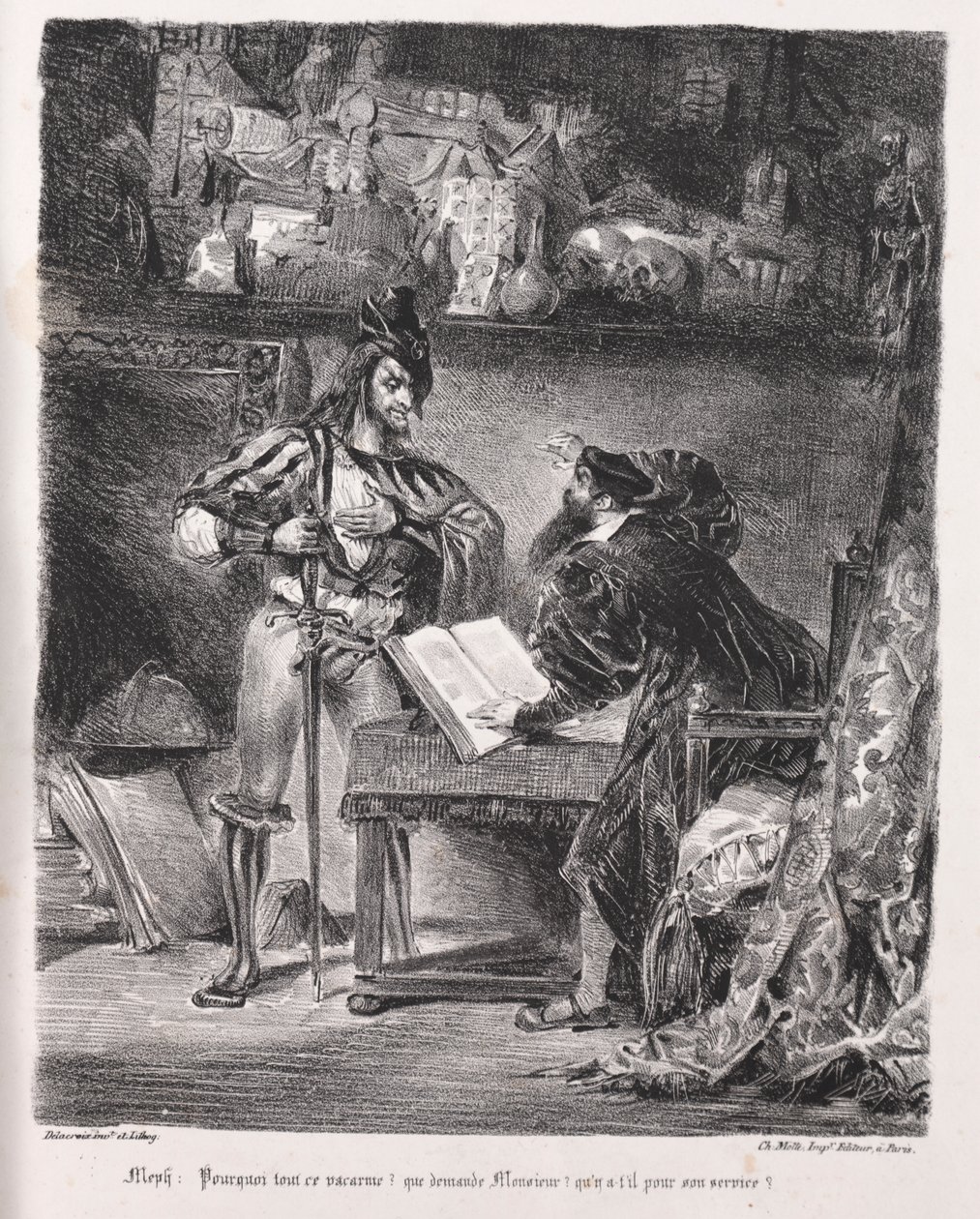 Ilustracje do Fausta: Mefistofeles odwiedza Fausta autorstwa Eugène Delacroix