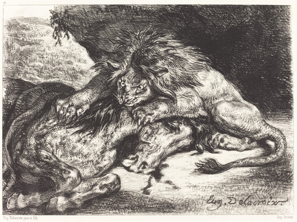 Lew pożerający konia autorstwa Eugène Delacroix