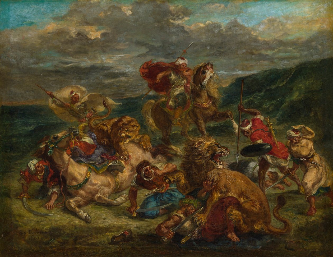Polowanie na lwy autorstwa Eugène Delacroix