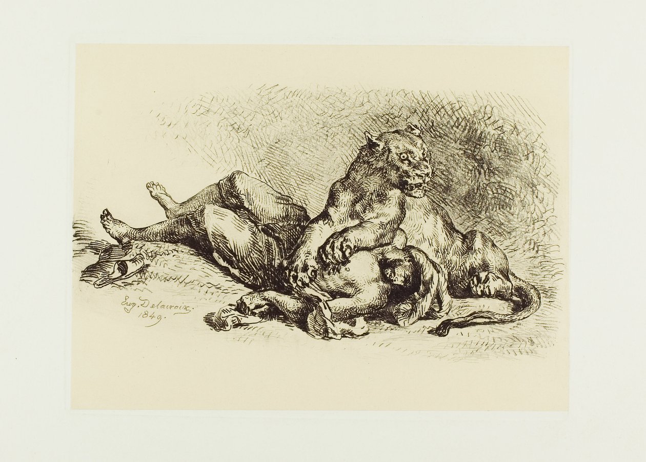Lwica rozdziera piersi Araba autorstwa Eugène Delacroix