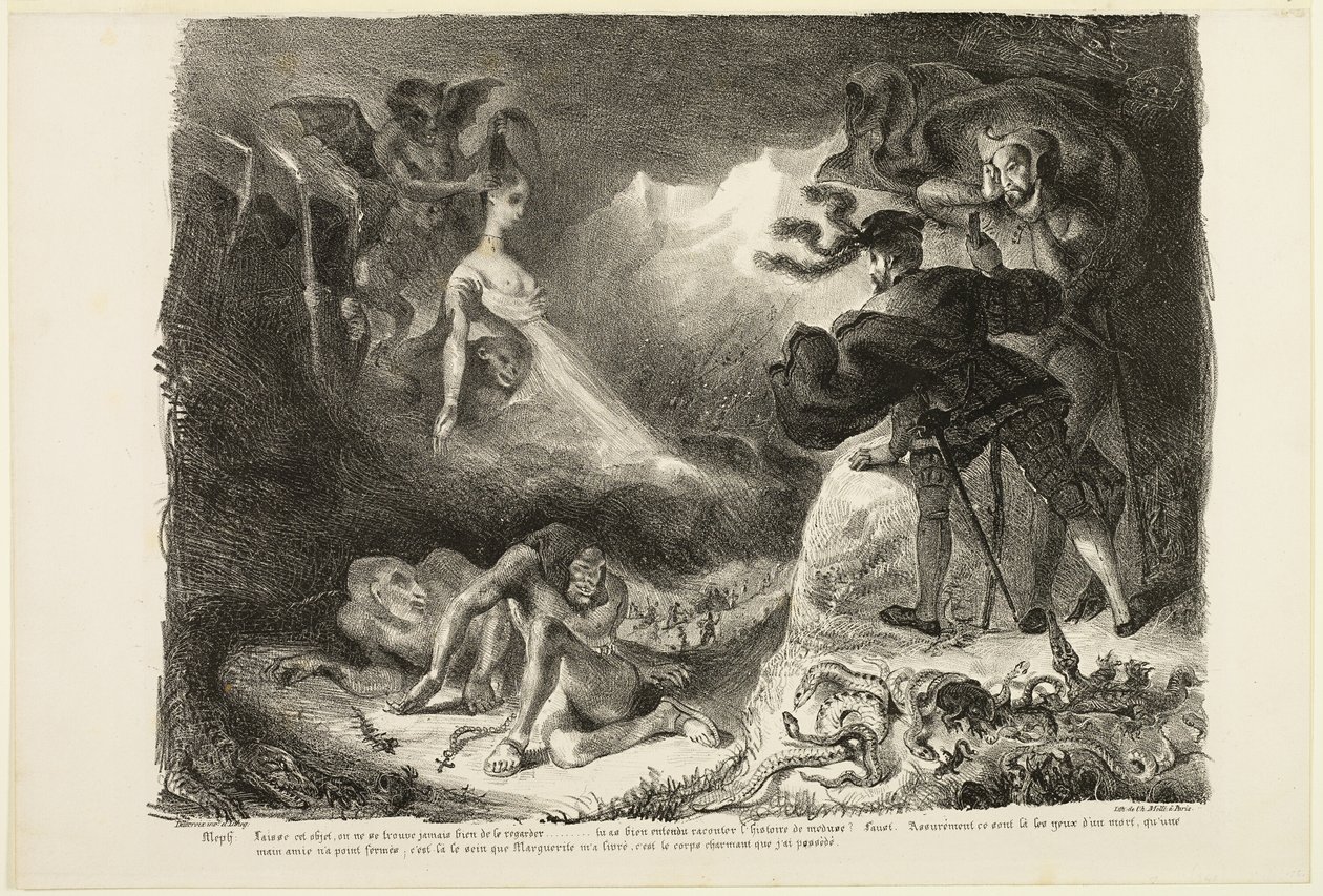 Duch Marguerite ukazujący się Faustowi, z filmu Faust autorstwa Eugène Delacroix